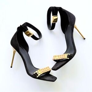 Balmain Uma Chain High Heel Sandals in Black Suede w/ Gold 38.5